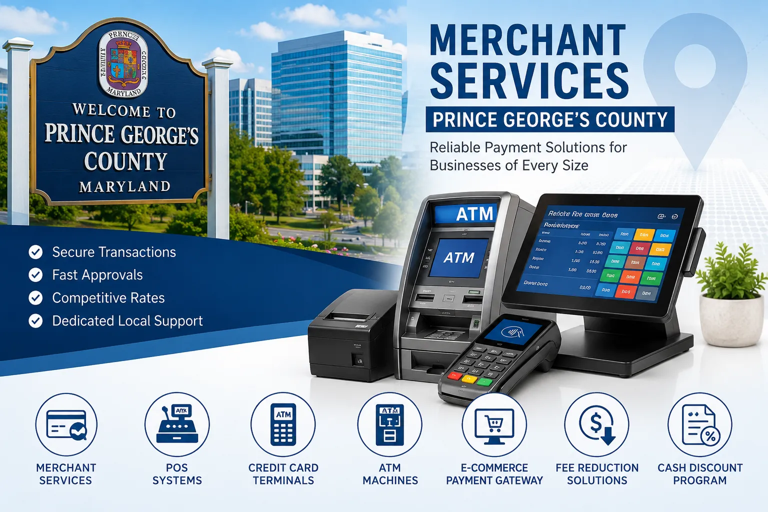 Merchant services in Prince George’s County featuring POS systems, ATM machines, credit card terminals, and payment processing solutions