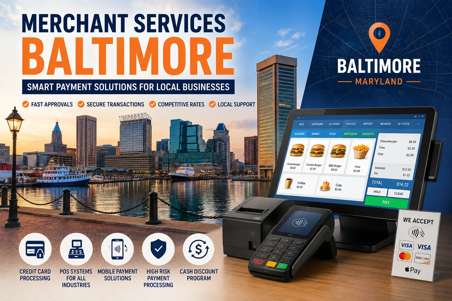 Merchant services in Baltimore featuring POS systems, credit card processing, mobile payment solutions, and business payment technology