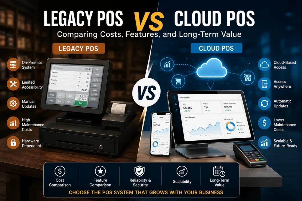 Legacy POS vs Cloud POS comparison showing differences in costs, features, maintenance, scalability, and long-term business value.