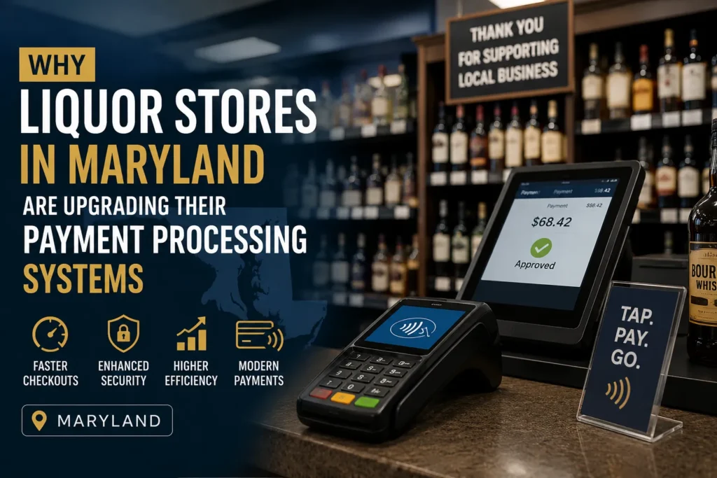 Maryland liquor store using a modern POS and payment processing system for faster checkout and secure card payments.