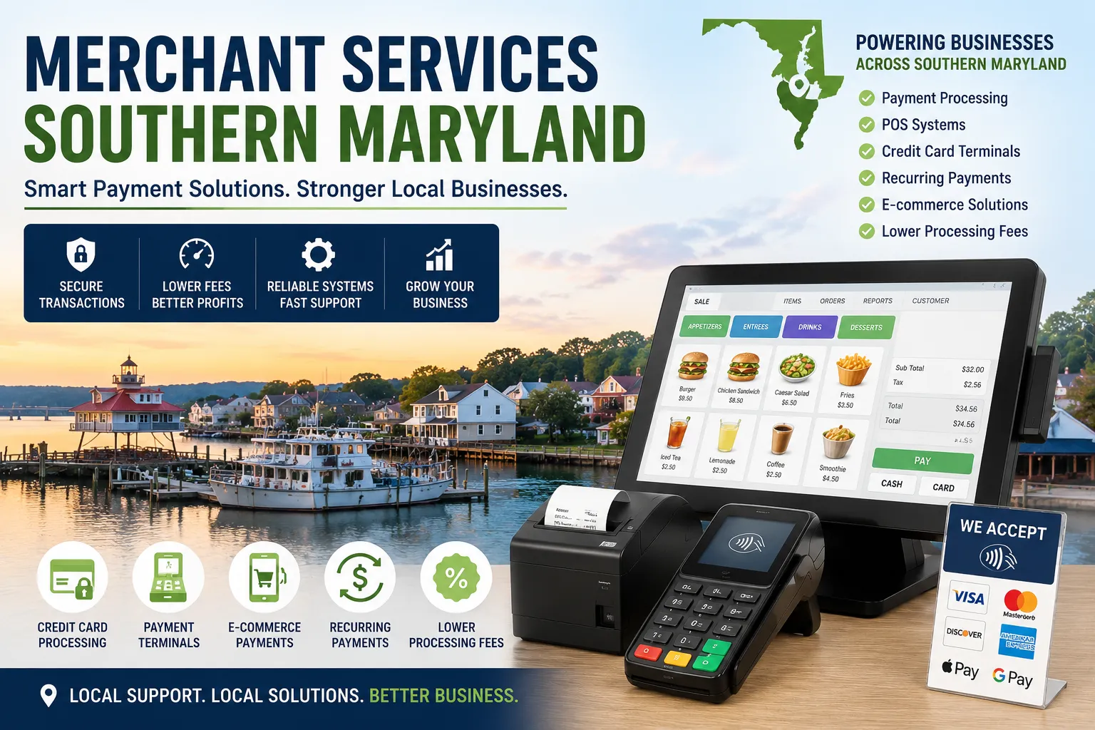 Merchant services in Southern Maryland featuring payment processing, POS systems, recurring payments, credit card terminals, and e-commerce payment solutions