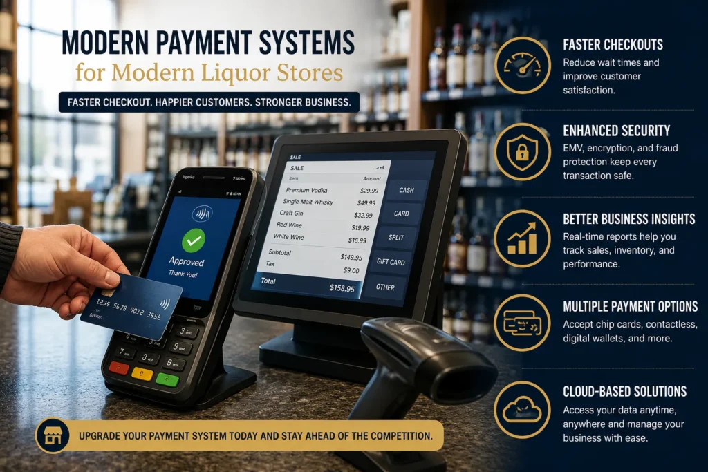 Modern payment processing system in a liquor store featuring POS technology, contactless payments, and secure checkout solutions