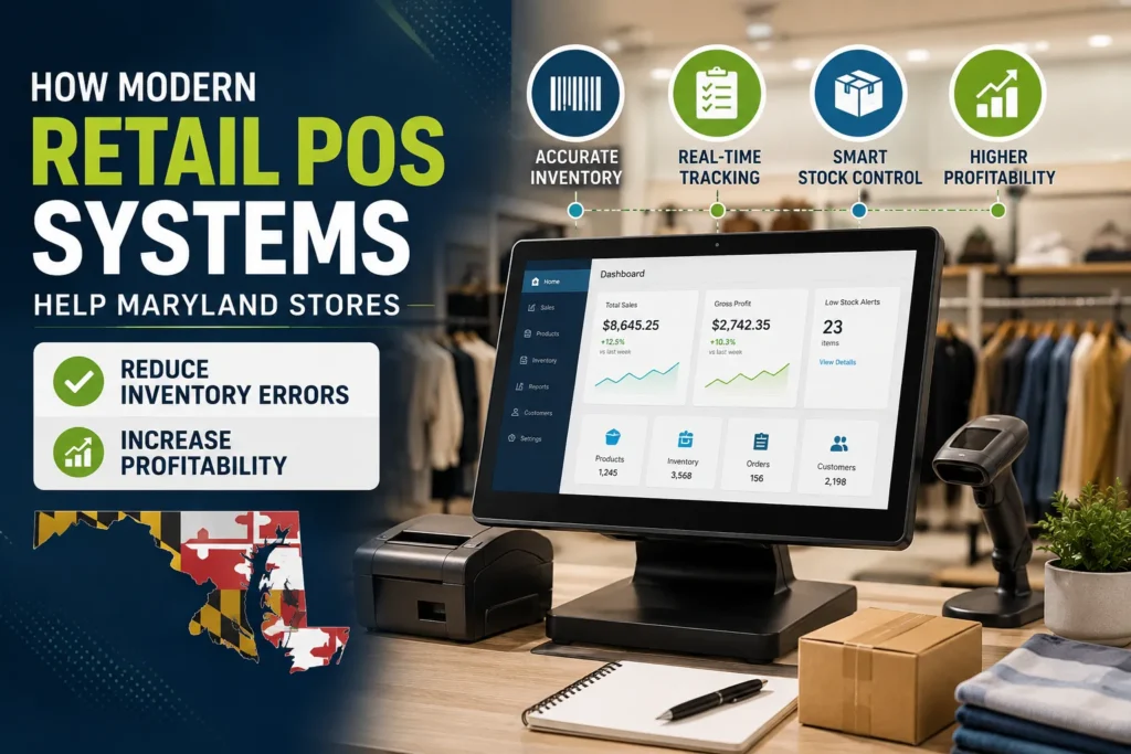 Modern retail POS system helping Maryland stores reduce inventory errors, improve inventory management, and increase profitability through real-time tracking