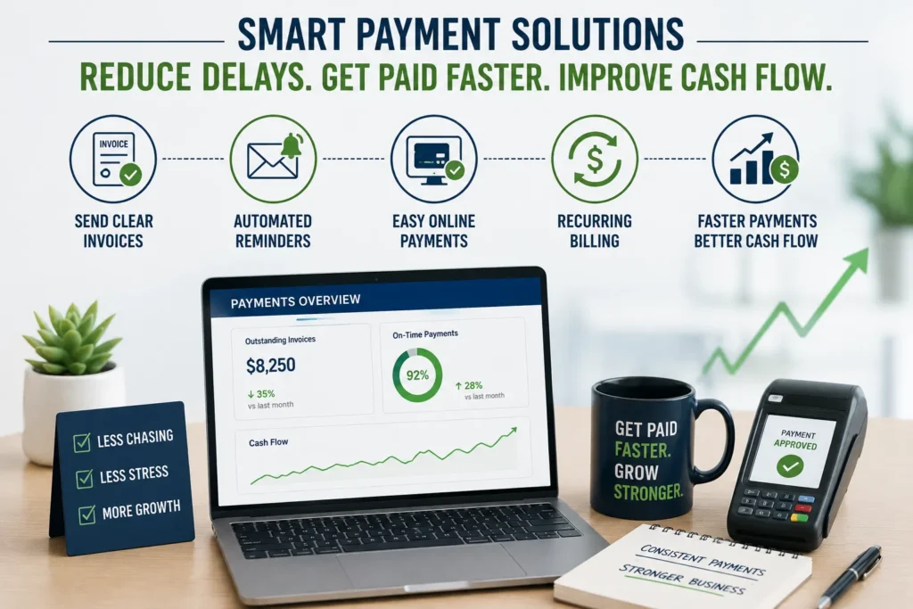 Smart payment solutions with automated reminders, online payments, and recurring billing to reduce payment delays and improve cash flow