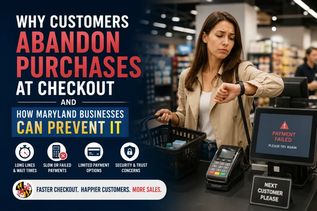 Customer experiencing payment delays at checkout while Maryland businesses learn how to reduce checkout abandonment and improve sales conversions