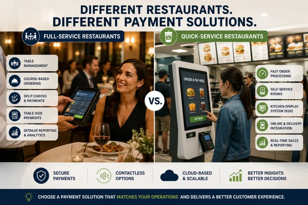 Side-by-side comparison of full-service and quick-service restaurant POS systems with features like table management, self-service kiosks, kitchen display systems, and contactless payments.