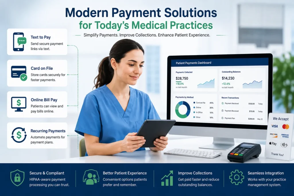 Modern healthcare payment solutions with text-to-pay, online bill pay, card-on-file, and recurring payments for Maryland medical practices