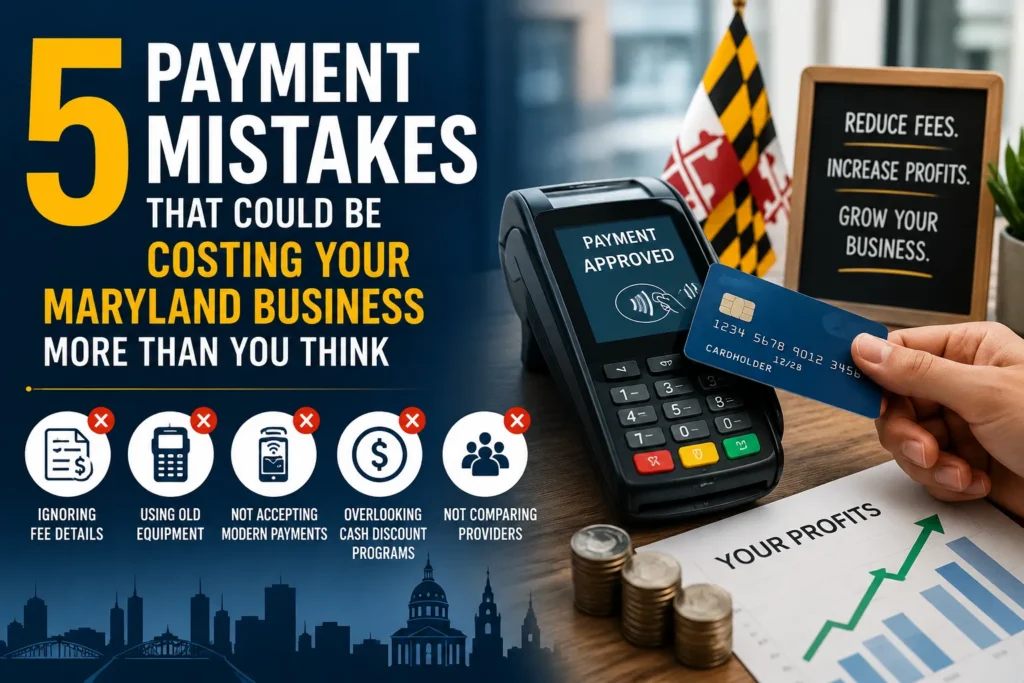 5 payment processing mistakes that increase costs for Maryland businesses, including hidden fees, outdated payment terminals, and cash discount opportunities.