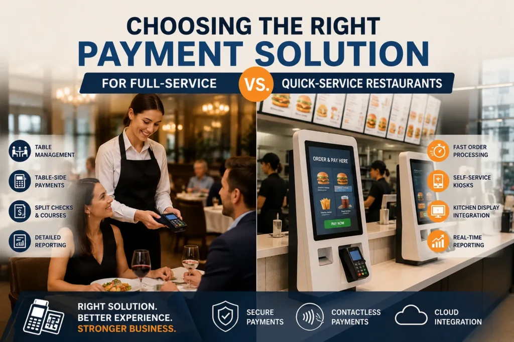 Comparison of restaurant payment systems for full-service and quick-service restaurants, highlighting POS features, table-side payments, and self-service kiosks