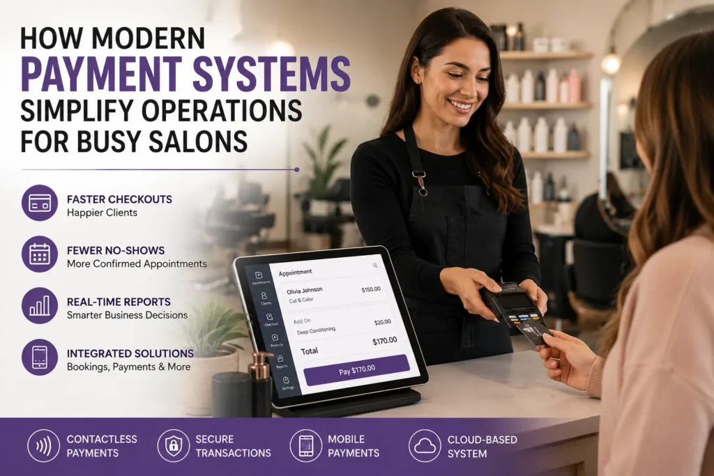 Modern salon payment processing with an integrated POS system, contactless payments, and mobile checkout for busy beauty salons.