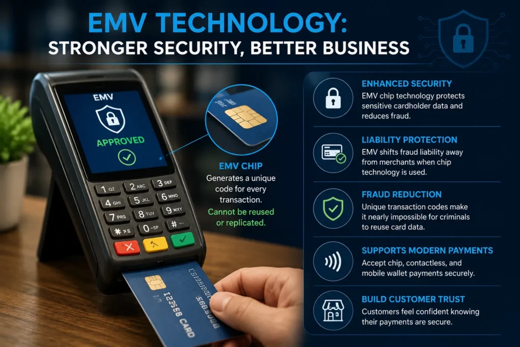 EMV chip technology infographic showing how EMV payment terminals enhance payment security, reduce fraud, and support secure contactless transactions.
