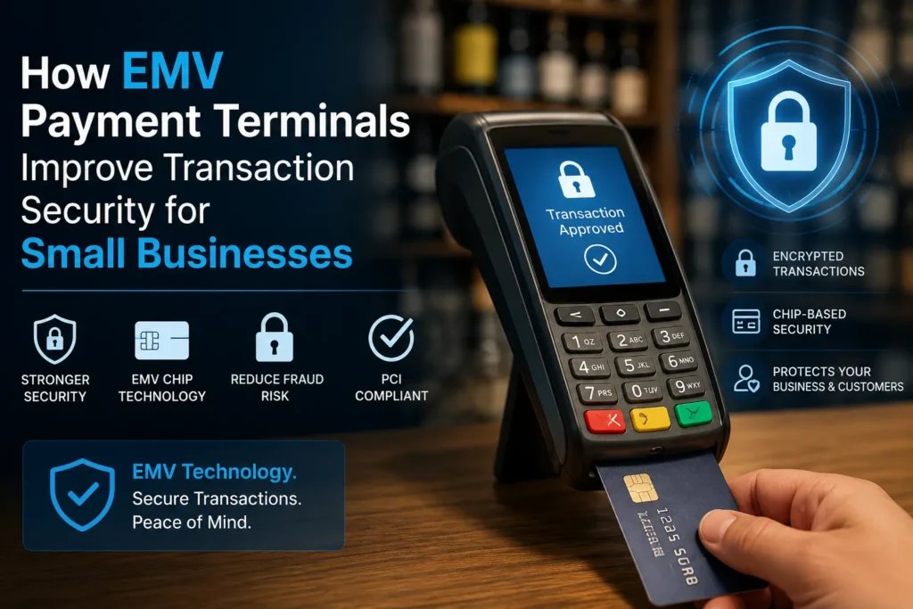 EMV payment terminal processing a chip card to improve transaction security and reduce payment fraud for small businesses.