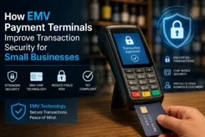 EMV payment terminal processing a chip card to improve transaction security and reduce payment fraud for small businesses.