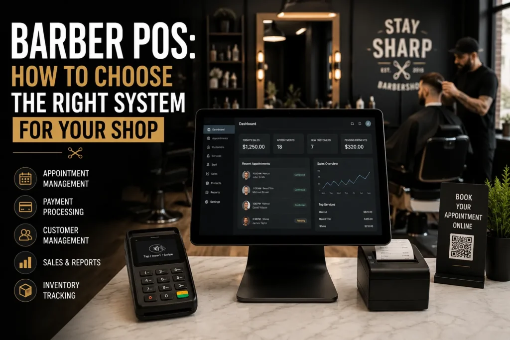 Barber POS system for managing payments, appointments, customers, and sales in a barbershop
