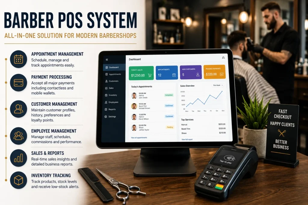 Barber POS system with appointment management, payment processing, customer management, sales reporting, and inventory tools