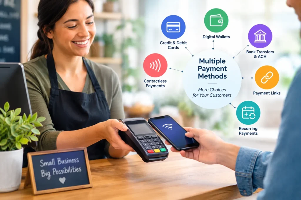 Small business accepting multiple payment methods through a contactless payment terminal