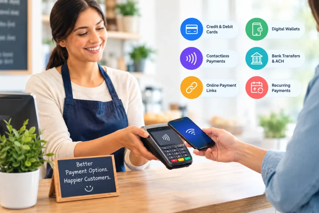 Small business payment options including cards, digital wallets, ACH, payment links, and recurring payments